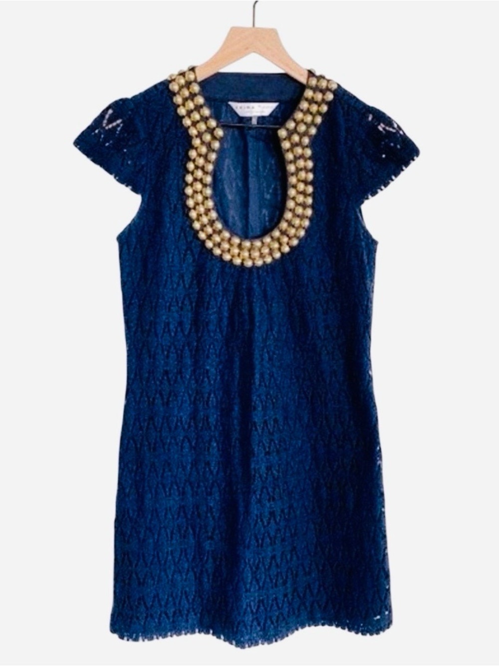 Tina Turk Navy NWOT Knit Dress with Decorative Gold Stud Neckline Size 6
